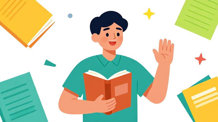 Illustration%20of%20a cheerful person holding a textbook and waving, surrounded by colorful study materials and bright lighting.