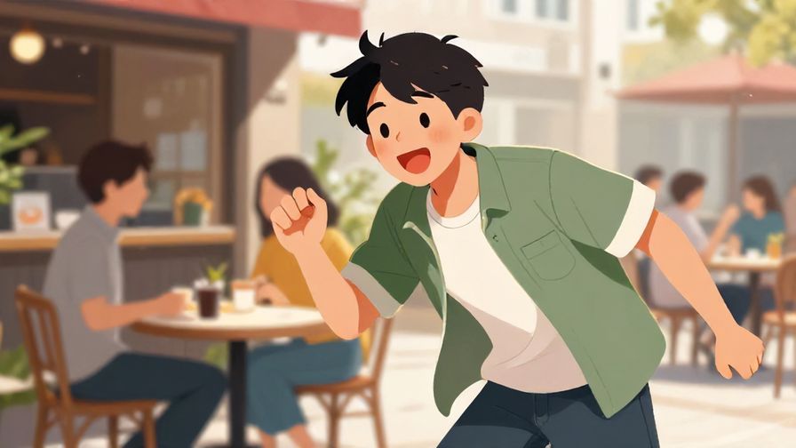 Illustration%20of%20a cheerful person leaning forward excitedly, casual street cafe background with friends