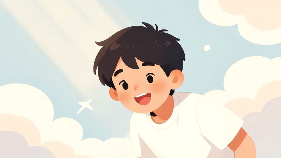 Illustration%20of%20a cheerful person leaning forward slightly in interest, with a playful smile, a background of soft clouds and light rays, illustrated style