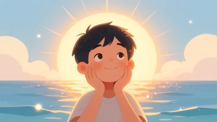Illustration%20of%20a cheerful person looking at a bright sunrise with a hopeful expression, soft rays of sun illuminating their face, surrounded by floating light dots and gentle waves in the background