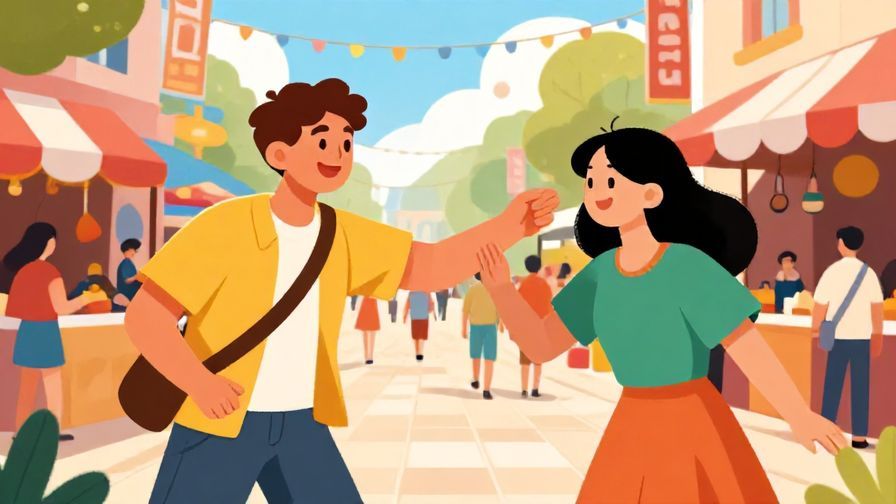 Illustration%20of%20a cheerful person playfully nudging a friend, bright lively street festival background, colorful and fun atmosphere, illustrated style