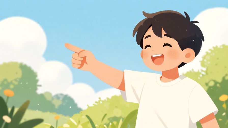 Illustration%20of%20a cheerful person playfully pointing left with a friendly expression, bright outdoor scene, illustrated style