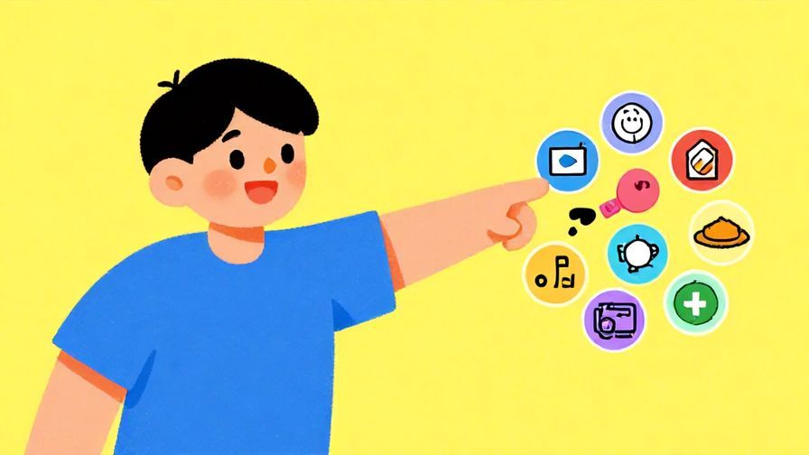 Illustration%20of%20a cheerful person pointing at a small group of objects representing examples, bright background, vibrant colors, illustrated style