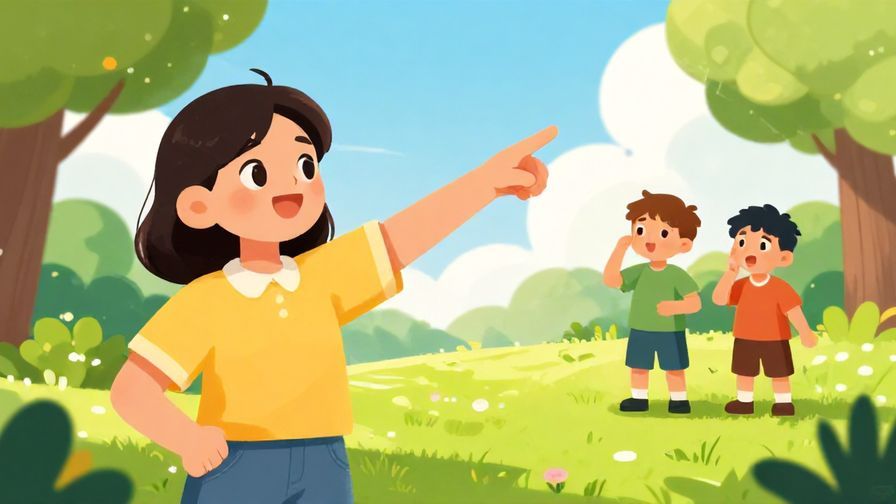 Illustration%20of%20a cheerful person pointing at something offscreen while another looks surprised, bright sunny park background, vibrant colors
