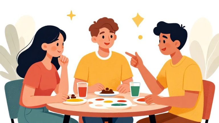 Illustration%20of%20a cheerful person pointing gently to another with a smile, in a casual setting like a game night, bright and lively colors