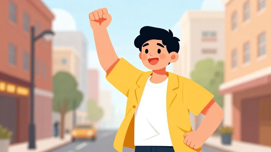 Illustration%20of%20a cheerful person pumping their fist with an energetic city street background