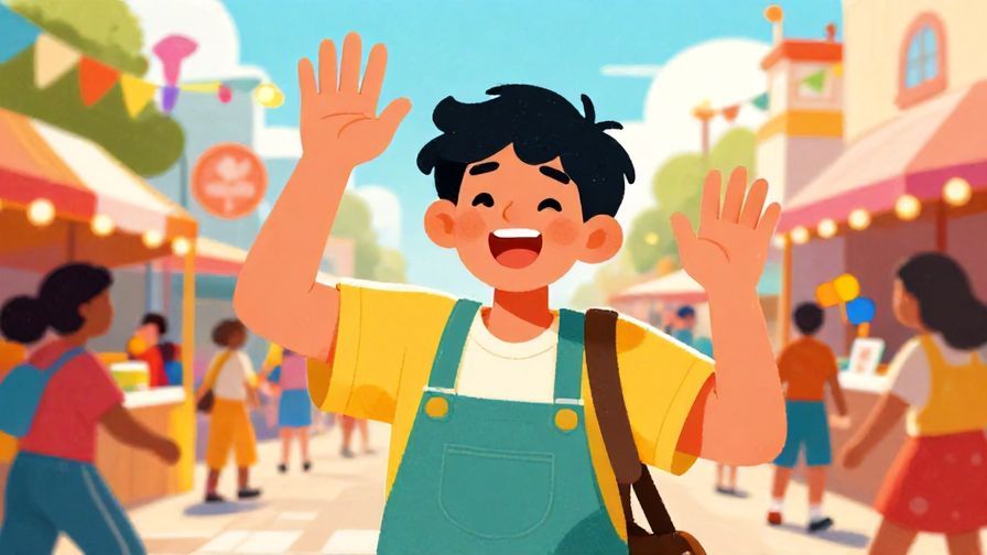 Illustration%20of%20a cheerful person shaking their head and waving hands, lively street festival background, vibrant colors, illustrated style