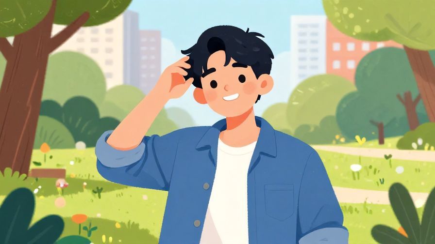 Illustration%20of%20a cheerful person shaking their head with a friendly smile, casual urban park background, vibrant colors, illustrated style