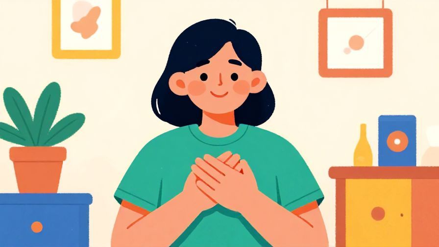 Illustration%20of%20a cheerful person smiling warmly with hands together in gratitude in a bright room, vibrant colors, illustrated style