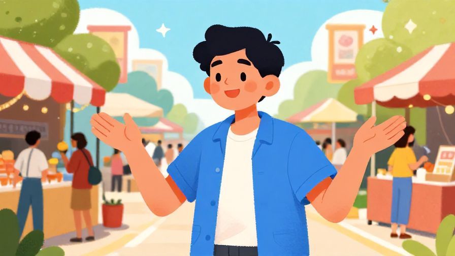 Illustration%20of%20a cheerful person smiling warmly and gesturing openly, casual street festival background, bright colors, illustrated style