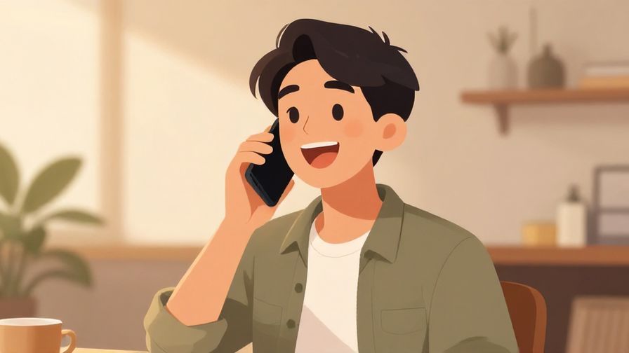 Illustration%20of%20a cheerful person speaking on a smartphone, lively indoor background, warm light, casual expression