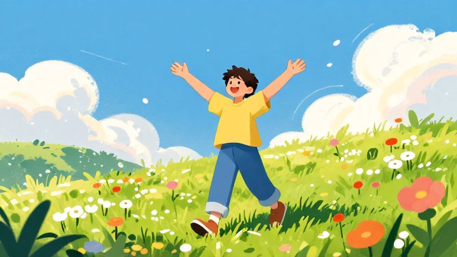 Illustration%20of%20a cheerful person stretching arms wide open in a sunny field with flowers and soft clouds, vibrant colors, illustrated style