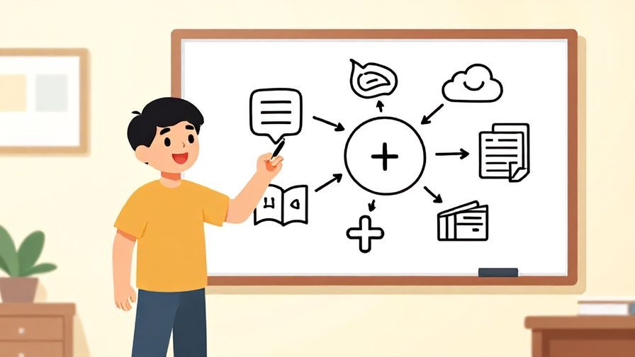 Illustration%20of%20a cheerful person summarizing a complex idea on a whiteboard with simple drawings, bright classroom atmosphere, illustrated style
