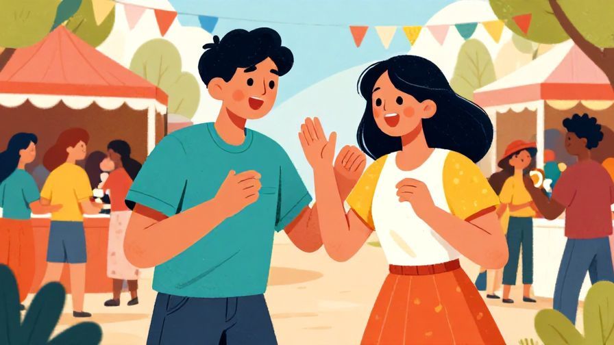 Illustration%20of%20a cheerful person teasingly introducing themselves%2c lively street festival background%2c bright colors%2c illustrated style