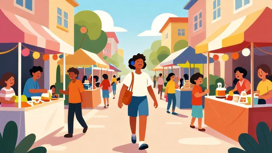 Illustration%20of%20a cheerful person walking through a lively street festival with colorful stalls and smiling faces