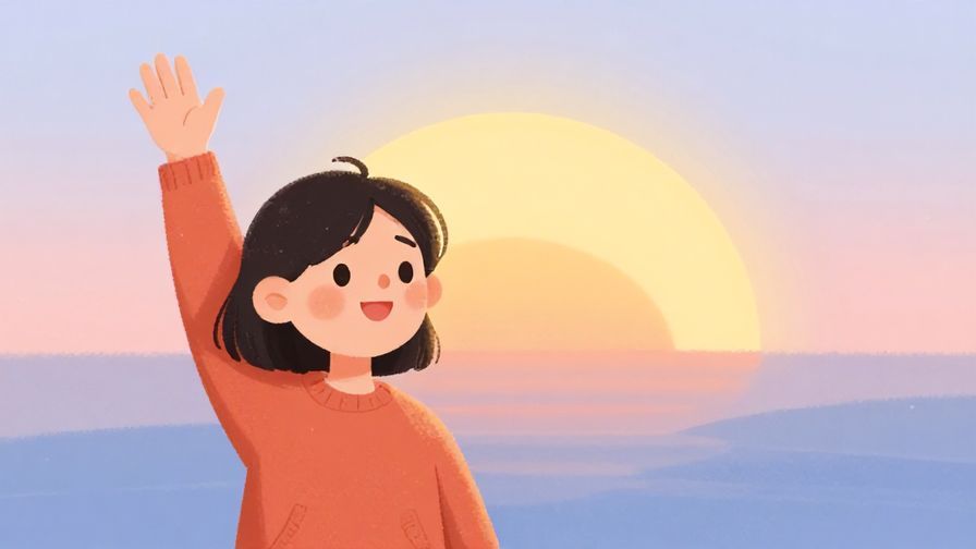 Illustration%20of%20a cheerful person waving goodbye with a sunrise behind, soft morning colors, illustrated style