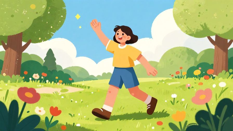 Illustration%20of%20a cheerful person waving goodbye with bright smile in a sunny park, colorful flowers and trees