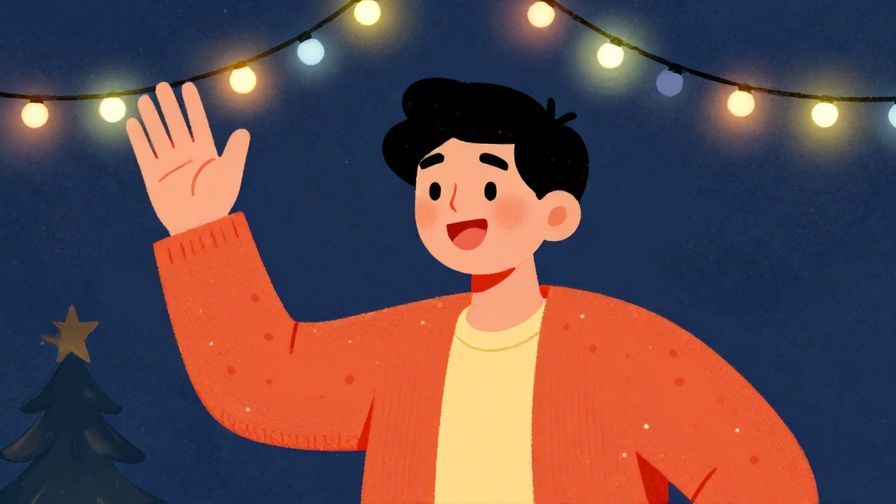 Illustration%20of%20a cheerful person waving goodbye with Christmas lights in the background, vibrant and lively colors, illustrated style
