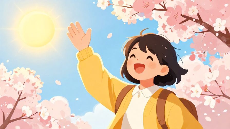Illustration%20of%20a cheerful person waving goodbye with bright sunlight and cherry blossoms in the background, vibrant colors, illustrated style