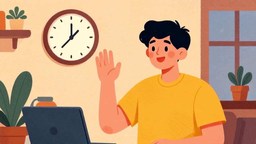 Illustration%20of%20a cheerful person waving goodbye in a cozy indoor setting with a clock showing evening time%2C%20detailed%20background%2C%20vibrant%20colors%2C%20illustrated%20style