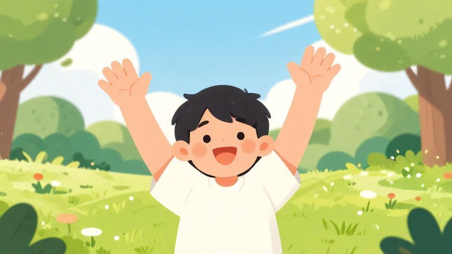 Illustration%20of%20a cheerful person waving hands with open palms, bright sunny park background