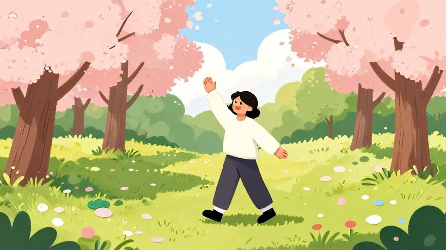 Illustration%20of%20a cheerful person waving hello in a sunny park, with blossoming trees and a gentle breeze, illustrated style