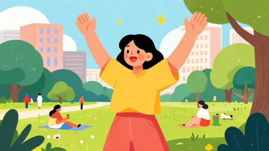 Illustration%20of%20a cheerful person waving their hands excitedly, city park background, vibrant colors, illustrated style