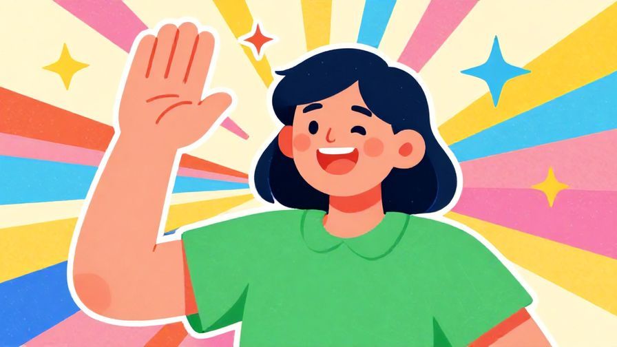 Illustration%20of%20a cheerful person waving their hand with a big smile, colorful background with sun rays and stars, vibrant colors, illustrated style