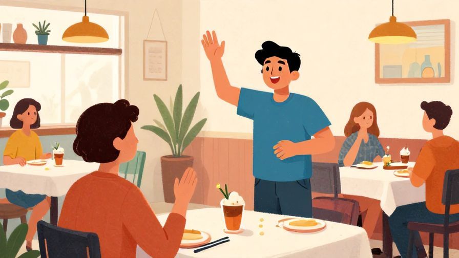 Illustration%20of%20a cheerful person waving to get the waiter’s attention in a casual dining setting, colorful and lively atmosphere, illustrated style