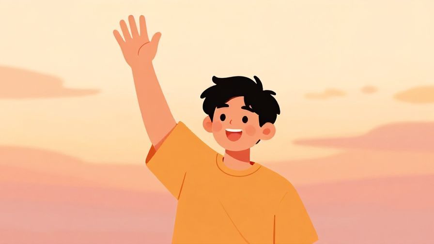 Illustration%20of%20a cheerful person waving with a soft sunset background, warm colors