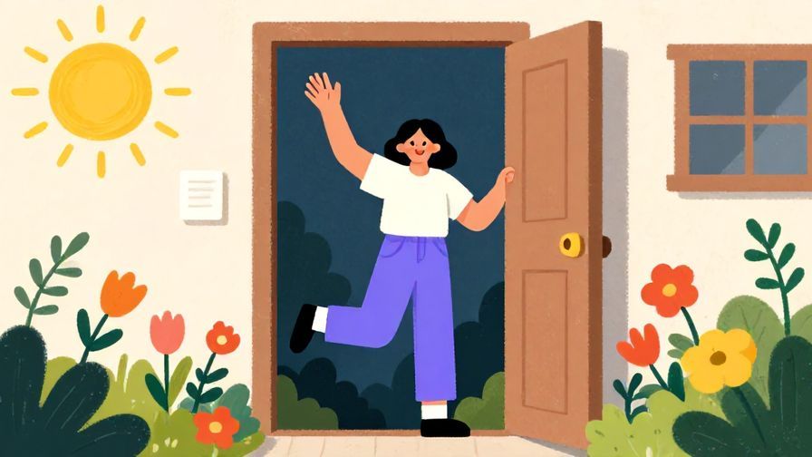 Illustration%20of%20a cheerful person waving%20invitingly%20from%20a%20doorway%20with%20flowers%20around%20and%20sunshine%2C%20vibrant%20colors%2C%20illustrated%20style