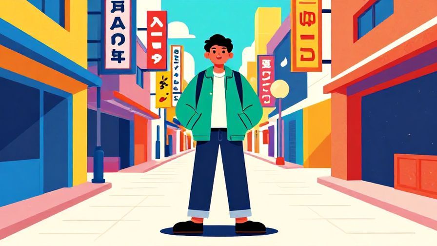 Illustration%20of%20a cheerful person wearing casual clothes, standing in a colorful street in Osaka, vibrant colors, illustrated style