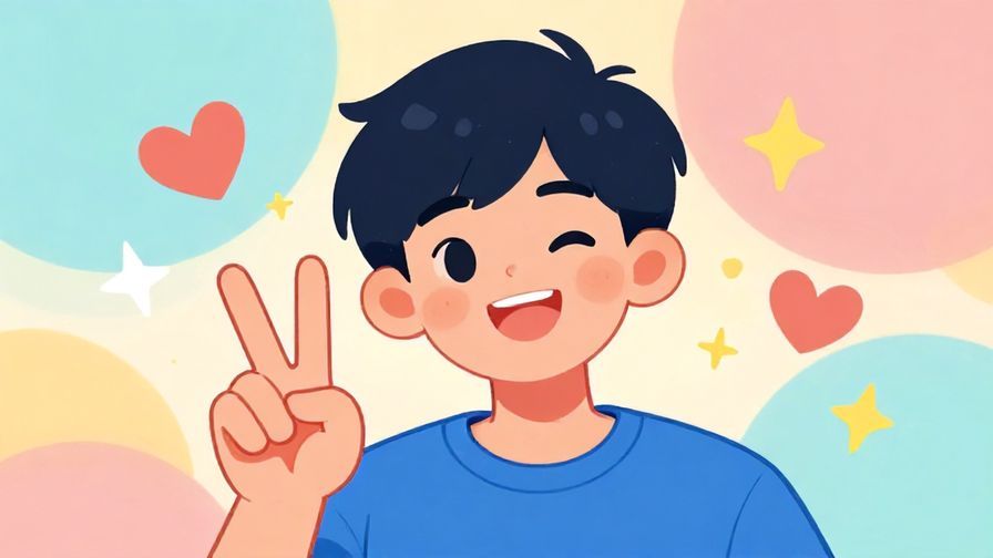 Illustration%20of%20a cheerful person winking with a peace sign, colorful background with floating hearts and stars, vibrant colors, illustrated style