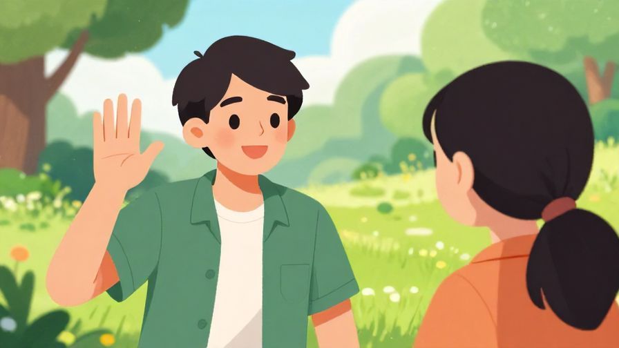 Illustration%20of%20a cheerful person%20making%20a “wait” hand gesture%20with%20a%20friendly%20smile%20while%20looking%20at%20a%20friend%20in%20a%20bright%20park.