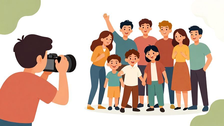 Illustration%20of%20a cheerful photographer encouraging the group, with everyone smiling and preparing to pose