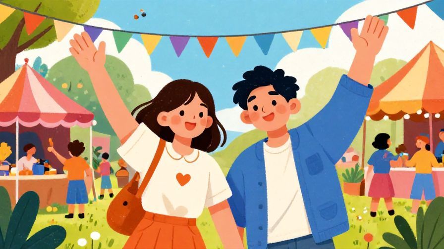 Illustration%20of%20a cheerful reunion between two friends, one waving energetically, outdoor festival background, colorful decorations, vibrant colors, illustrated style