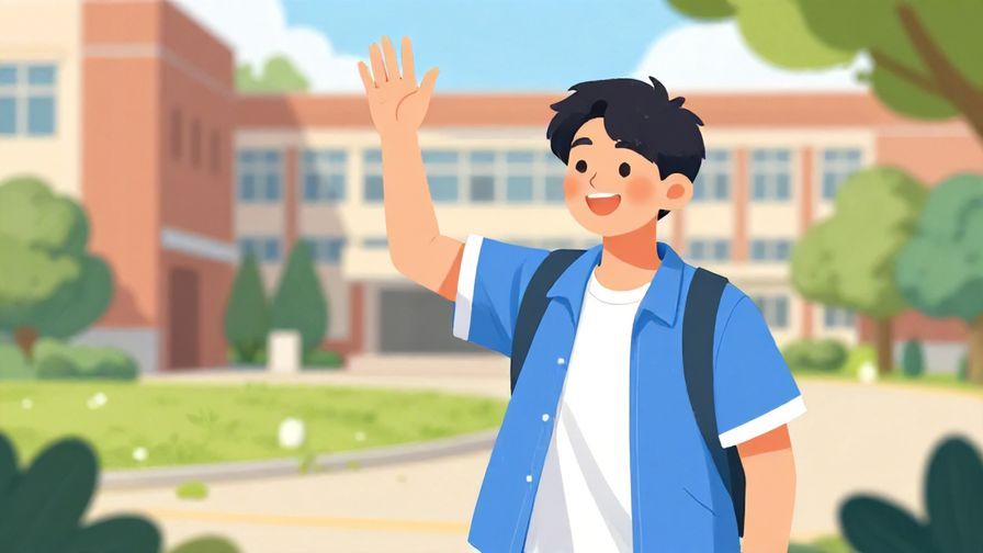 Illustration%20of%20a cheerful teenager waving goodbye with a bright smile in a schoolyard, vibrant colors, illustrated style