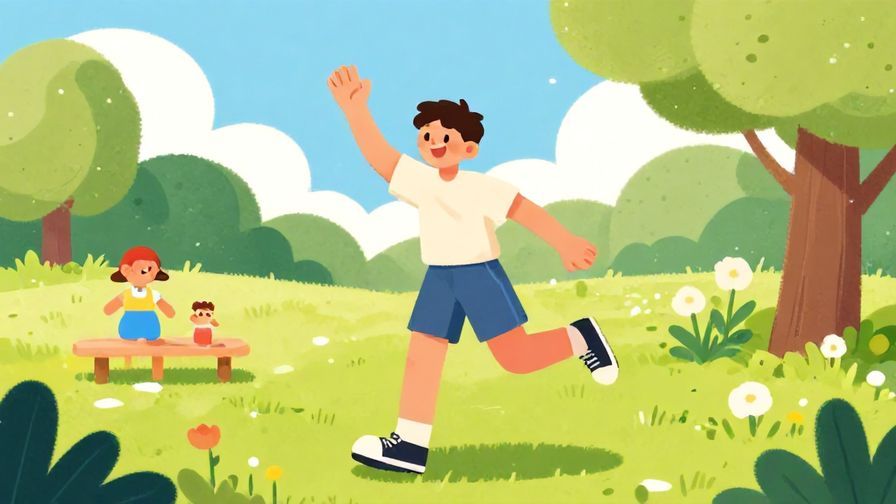 Illustration%20of%20a cheerful teenager waving one hand energetically in a park, bright and playful colors, illustrated style