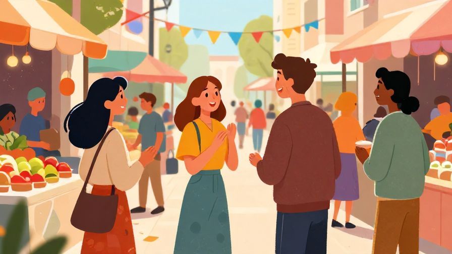 Illustration%20of%20a cheerful young adult greeting friends in a street market, casual and lively mood, colorful background
