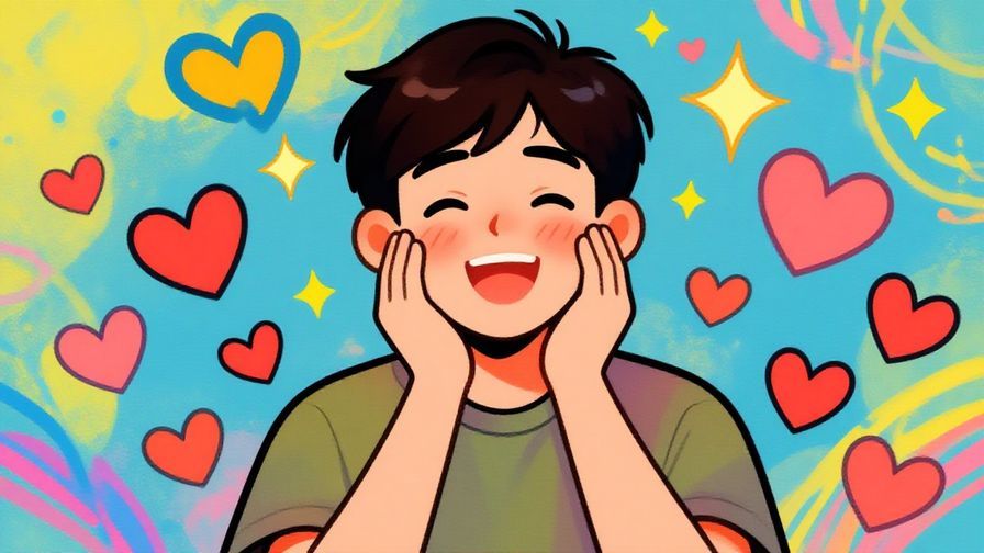 Illustration%20of%20a cheerful young person blushing while thinking of someone, surrounded by playful hearts and sparkles, vibrant colors, illustrated style