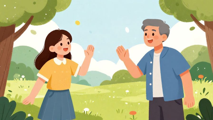 Illustration%20of%20a cheerful young person calling out to an older male friend, bright and playful outdoor park setting