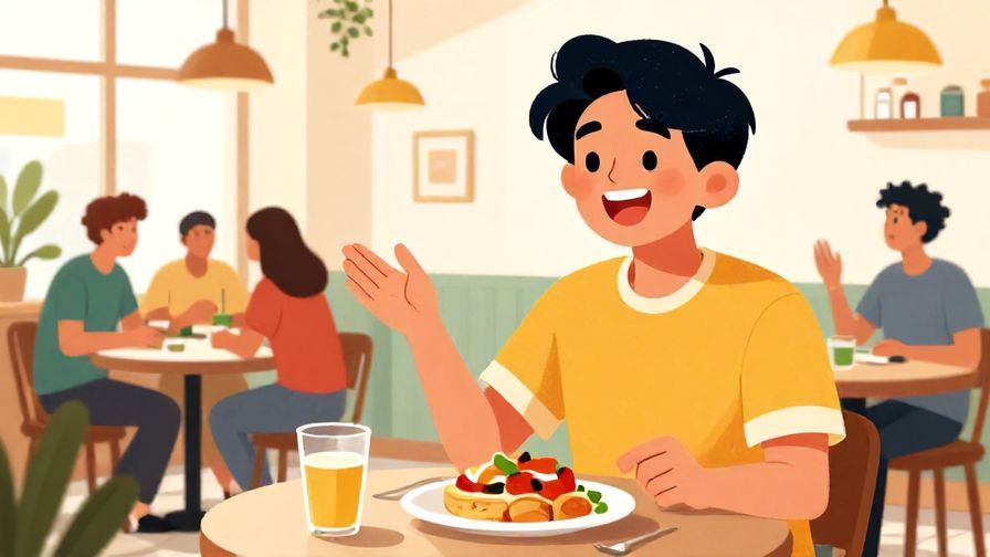 Illustration%20of%20a cheerful young person casually asking for food with a bright smile in a lively cafe, vibrant colors, illustrated style