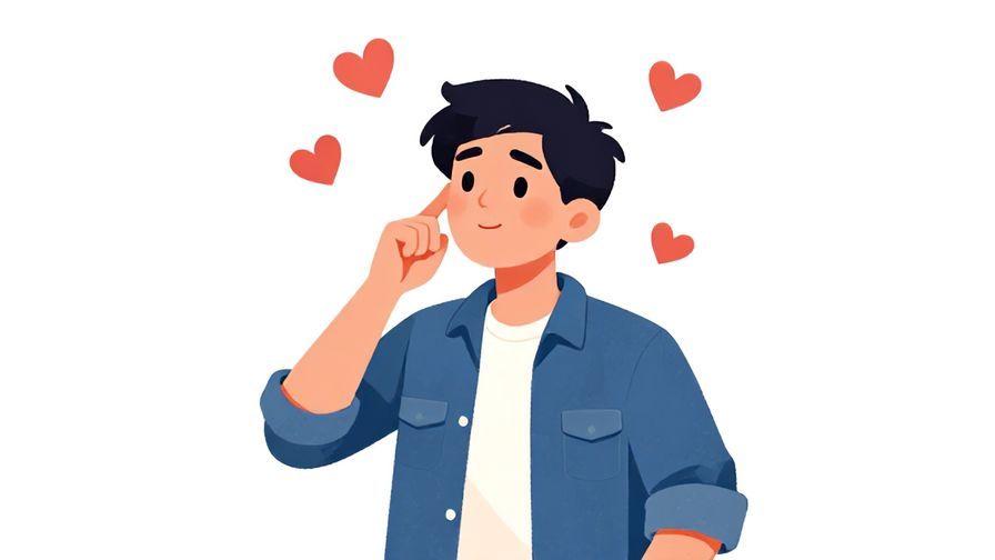 Illustration%20of%20a cheerful young person daydreaming with hearts floating around, casual clothing, vibrant colors, illustrated style