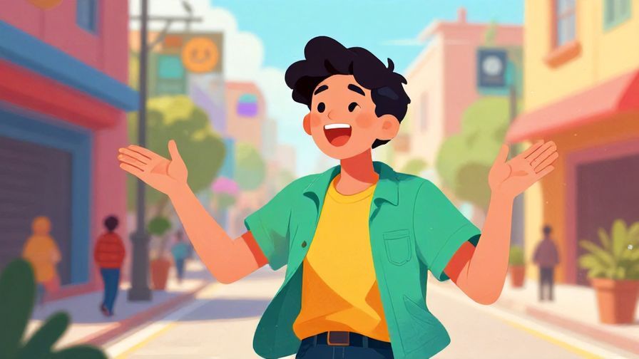 Illustration%20of%20a cheerful young person gesturing openly with excitement, colorful street setting, vibrant colors, illustrated style