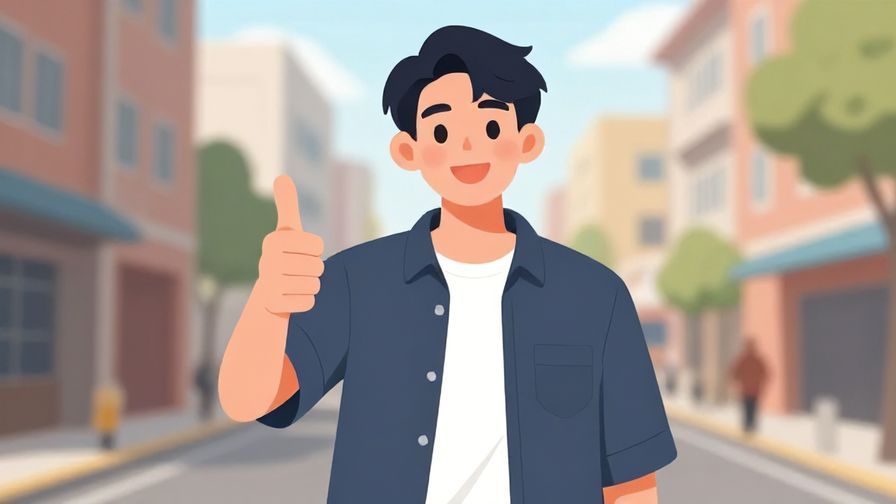 Illustration%20of%20a cheerful young person giving a thumbs up with a big smile, casual urban background