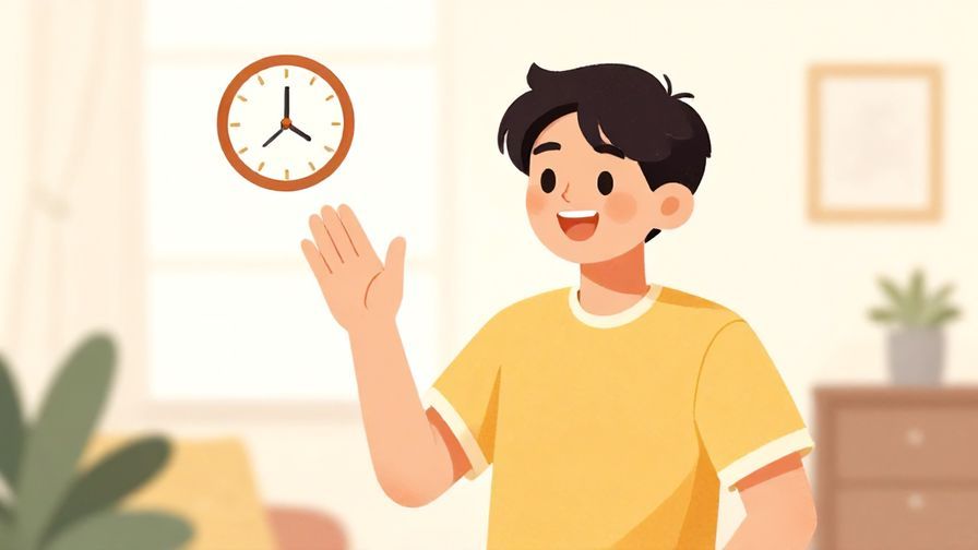 Illustration%20of%20a cheerful young person holding up a hand to signal “wait” with a small clock floating nearby, bright colors, cozy room background, illustrated style