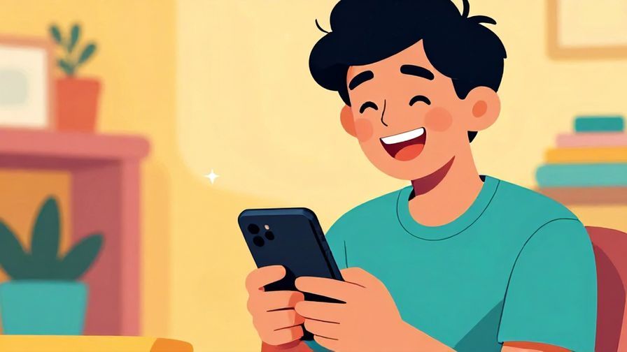 Illustration%20of%20a cheerful young person laughing while texting on a smartphone%2C%20detailed%20background%2C%20vibrant%20colors%2C%20illustrated%20style