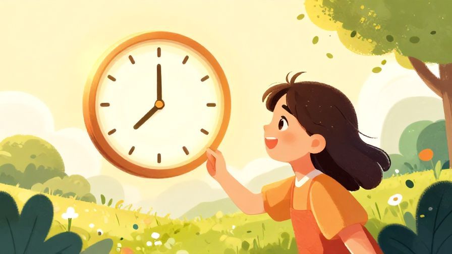 Illustration%20of%20a cheerful young person looking at a glowing clock showing the current time, surrounded by warm sunlight and gentle nature elements, vibrant colors, illustrated style