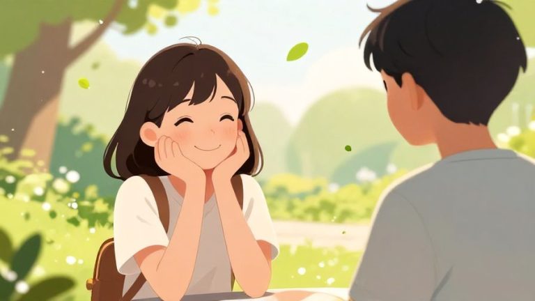Illustration%20of%20a cheerful young person nodding and smiling warmly toward another, in a bright park scene with soft dots and floating leaves in the background