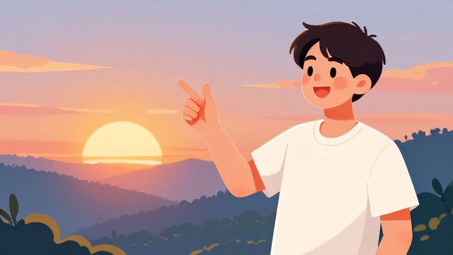 Illustration%20of%20a cheerful young person pointing at a vibrant sunrise, with casual body language and a friendly smile, bright colors, nature background